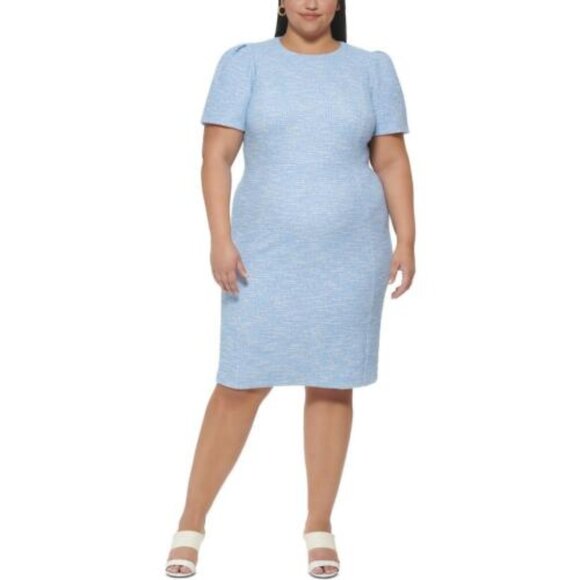 Calvin Klein Elegant Serene Blue Tweed Short Sleeve Sheath Dress Plus Size - Picture 1 of 10